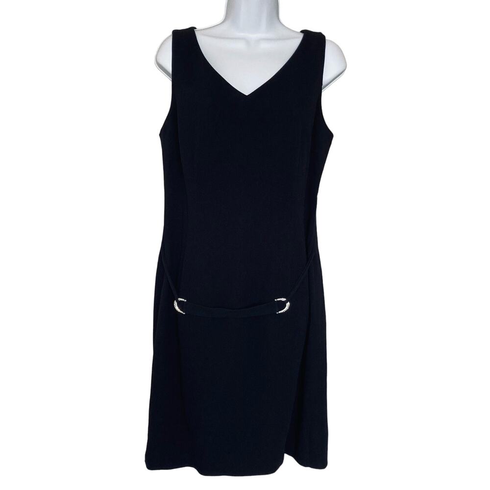 David Meister Black Sleeveless Shift Dress With Front Rhinestone Buckles Size 12